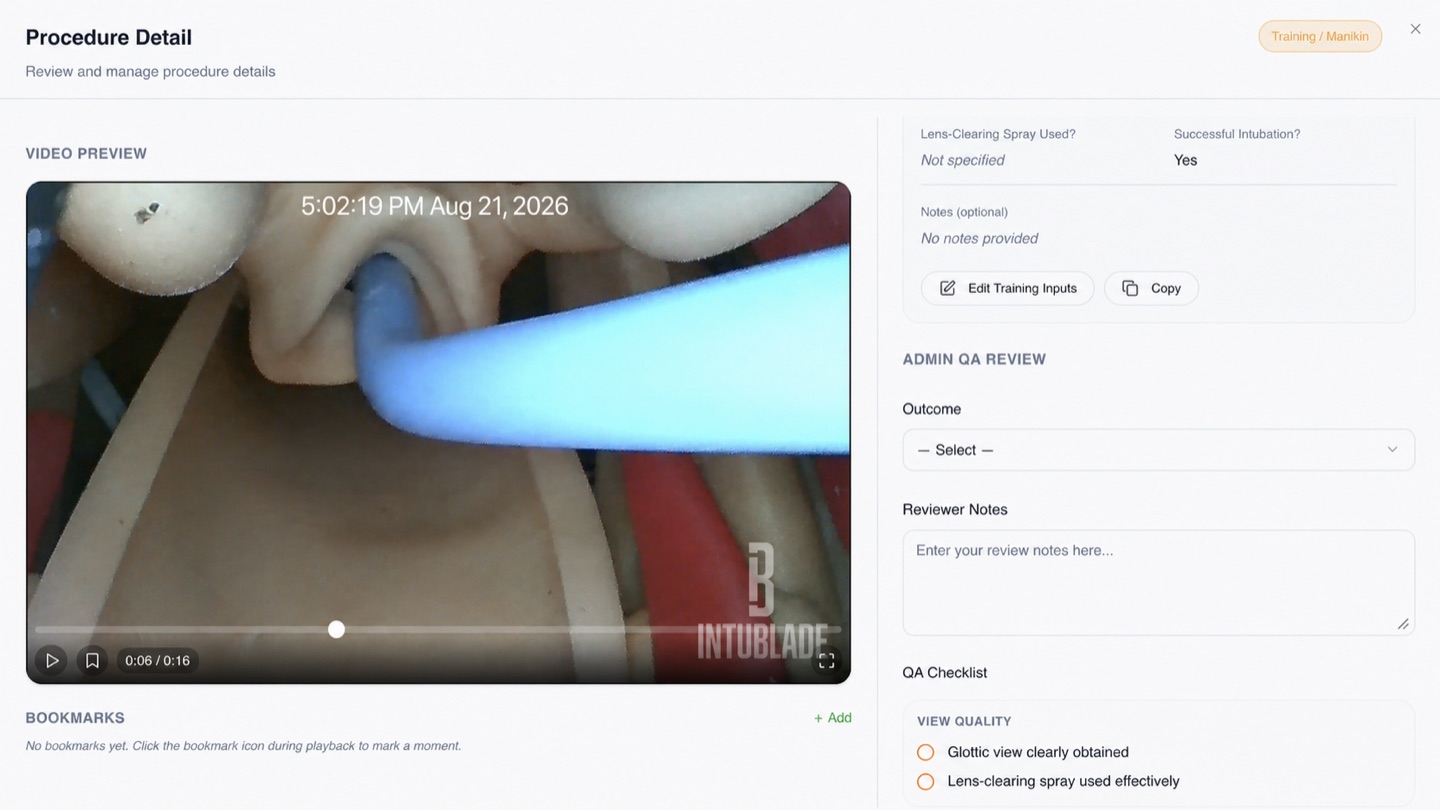 Sanitized IntuBlade Admin Portal procedure-review screen