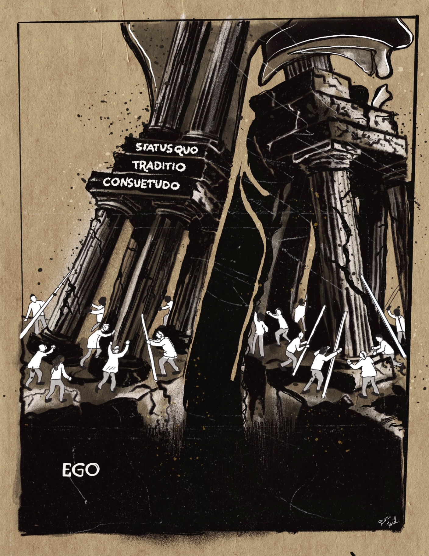 Illustration depicting people dismantling crumbling pillars labeled Status Quo, Traditio, and Consuetudo, standing on a foundation labeled Ego
